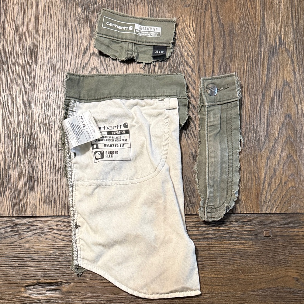 Carhartt Olive Green 34x32 Pants repair parts, zipper, button, tags, pocket.
